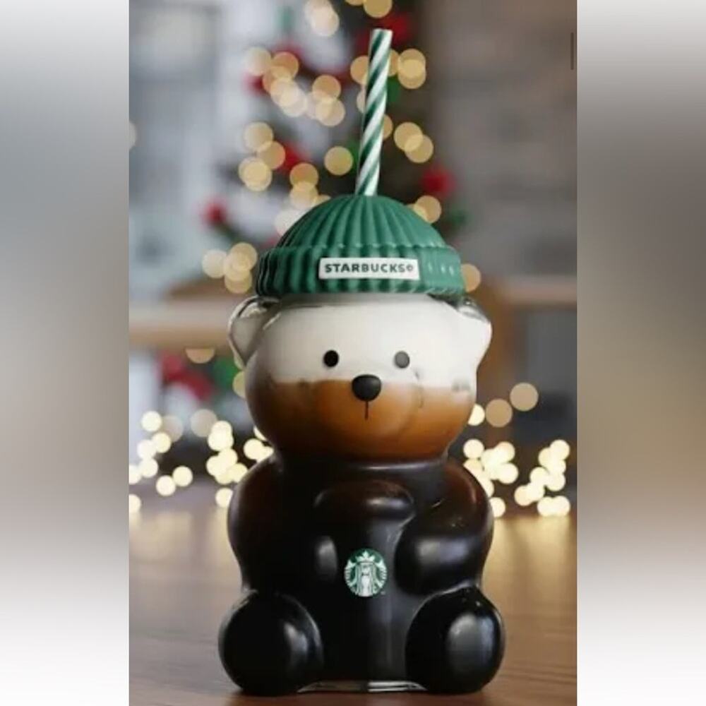 Starbucks Bear Glass Tumbler Green Beanie Lid Viral Kawaii Rare NIB Cup
